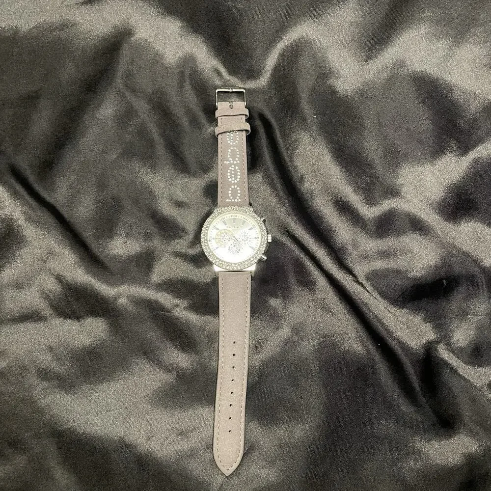 Women’s bebe Quartz Dress Watch Silver Dial Crystal Bezel Gray Leather 45mm